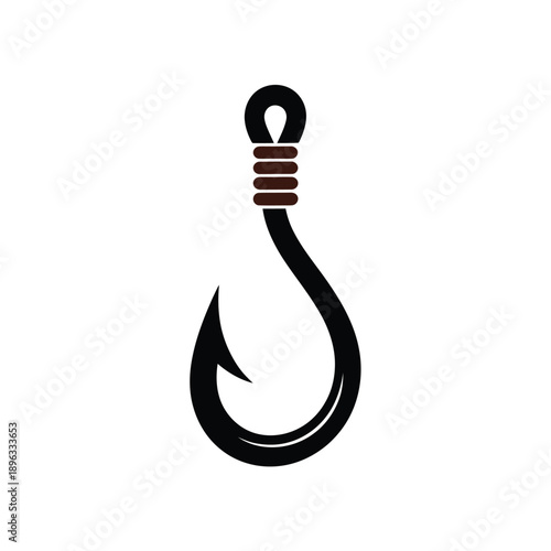 Simple black fishing hook with brown wooden handle detail illustration