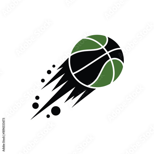 A stylized green and black basketball with motion lines and dots
