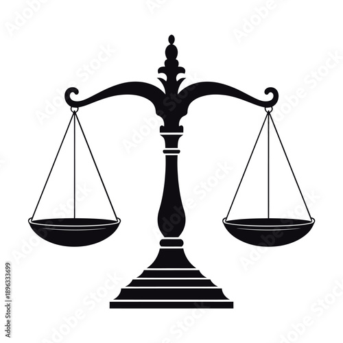 A black and white illustration of traditional scales of justice