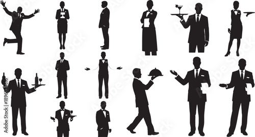 Collection of black silhouettes of people in formal attire serving food and drinks woman waiter waitress