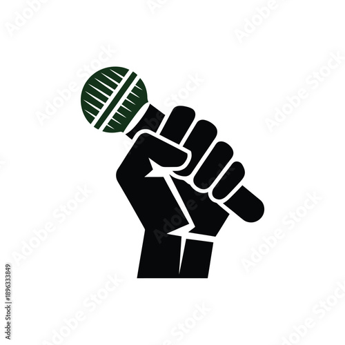 A raised fist firmly grasping a microphone symbolizing protest and voice