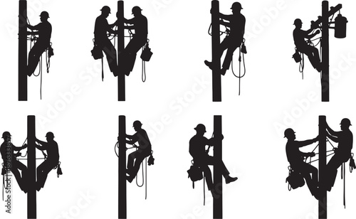 Silhouettes of utility workers climbing and working on utility poles with tools and equipment lineman