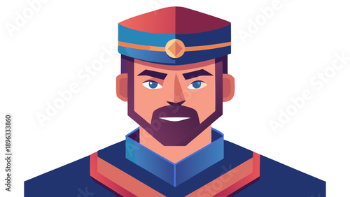 A male figure in uniform is depicted in a vector illustration from a frontal viewpoint.