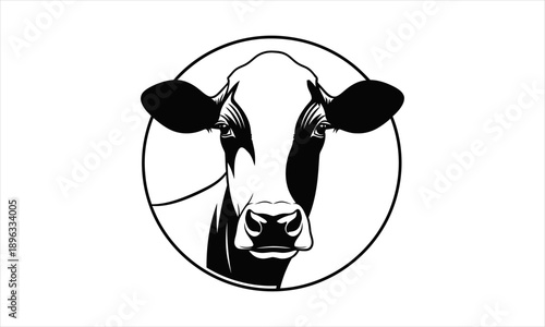 Striking black and white illustration of a cow's head in a circle, ideal for agricultural or dairy branding