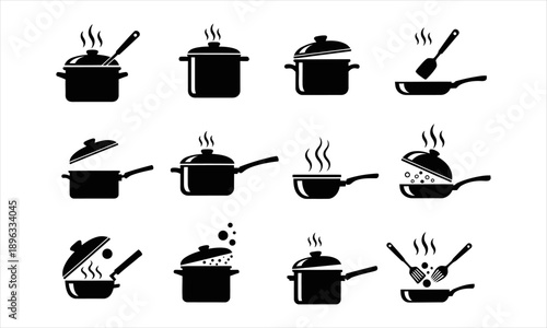 Collection of Cooking Pots and Pans Icons with Steam for Kitchen and Food Preparation