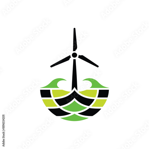 Stylized logo depicting a wind turbine over waves utilizing green and black