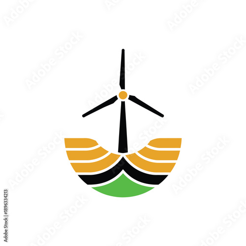 Stylized logo depicting a wind turbine over rolling hills and fields