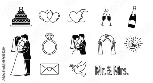 Collection of wedding icons and symbols for invitation design