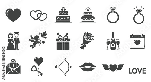Collection of black and white love icons for wedding and romance