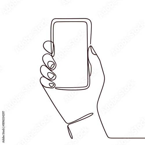 A minimalist line drawing of a hand holding a smartphone