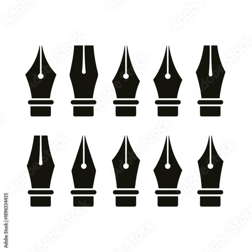 A collection of nine black fountain pen nibs arranged in a grid pattern