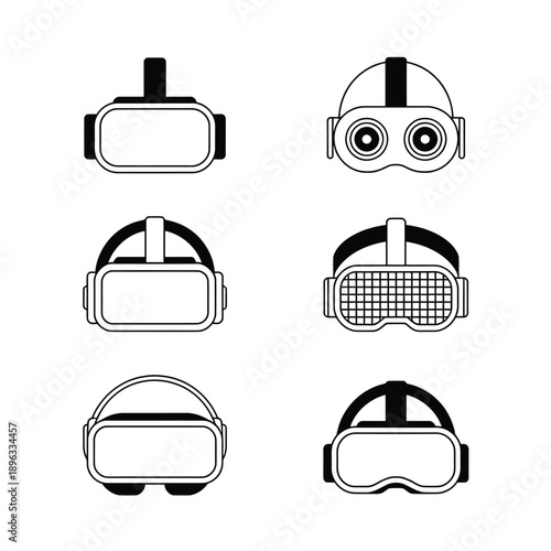 Variety of virtual reality headsets shown in simple black and white outlines