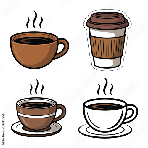 Four cartoon illustrations of steaming coffee cups and a to go container