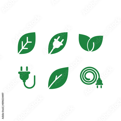 Green energy icons depicting nature and electrical power sources