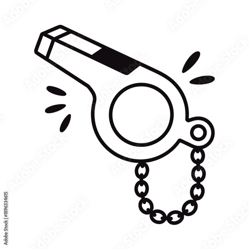 Simple black and white illustration of a sports whistle with a lanyard