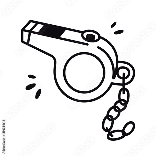 A black and white illustration depicting a referee s whistle with a chain