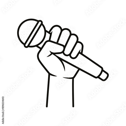 A black and white line drawing of a hand holding a microphone