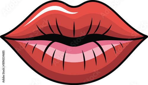 Red Lips Vector Icon Kissing Mouth Full Shape with Glossy Shine and Outline