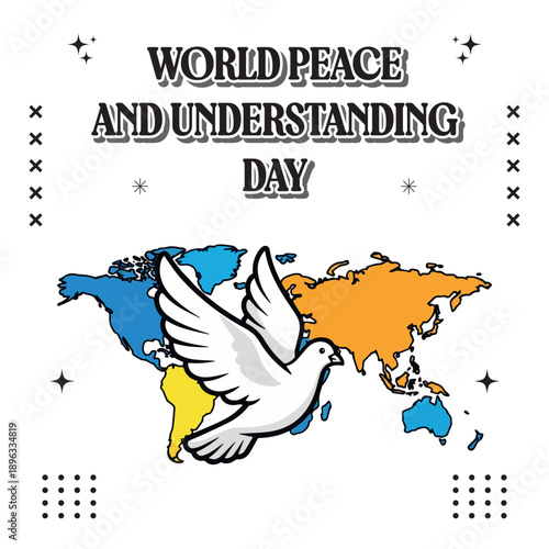 Symbolic white dove in flight over a vibrant world map, illustrating global harmony and collective understanding