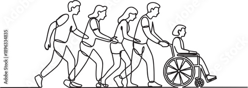 Helping Disabled People Vector Illustration in Line Style. Concept of Support, Care, Community Assistance, Inclusion, Teamwork and Social Help