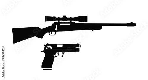 Black and white silhouette illustration of a rifle and handgun.