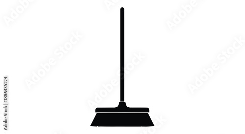 Simple black silhouette of a traditional push broom on white background
