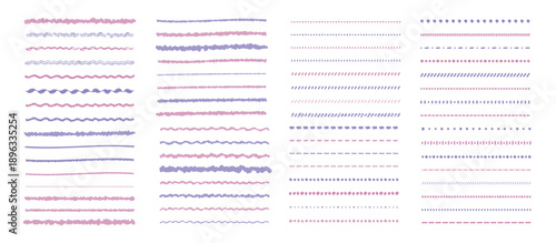 かわいい手書きの線・ラインのあしらいの素材セット　紫　ピンク