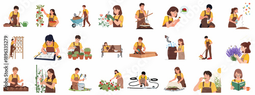 Comprehensive collection of flat vector illustrations depicting various steps in home gardening, including planting, harvesting, planning, and maintenance.