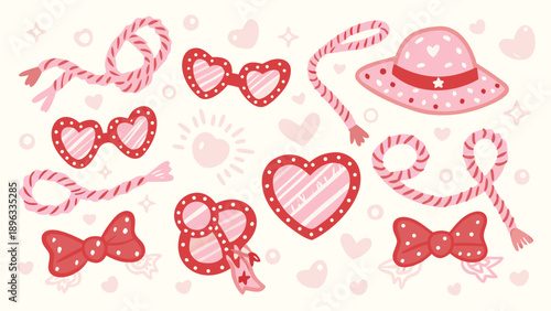 Vector Valentine's Day icons, cute cartoon heart shapes, bows, candy canes, and hat, for social media, sticker set, overlay for chat or chat bubble, Isolated on transparent background, png