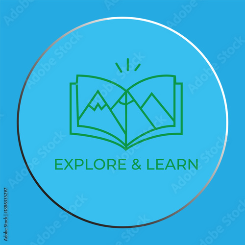 Explore and Learn Concept Icon with Open Book and Mountain Peaks on Blue Circular Background