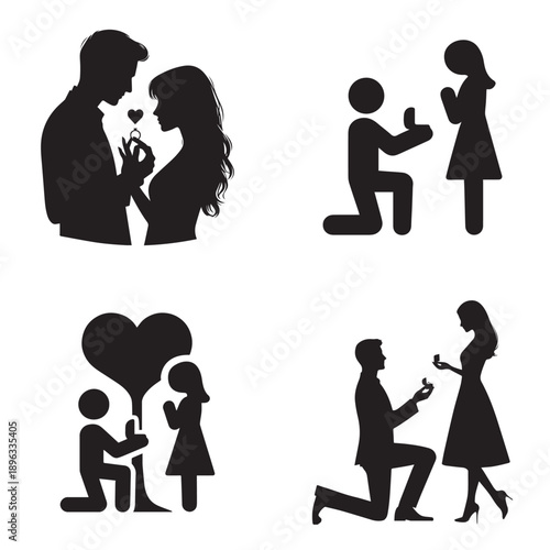 Romantic marriage proposal icons depicting moments of love and commitment