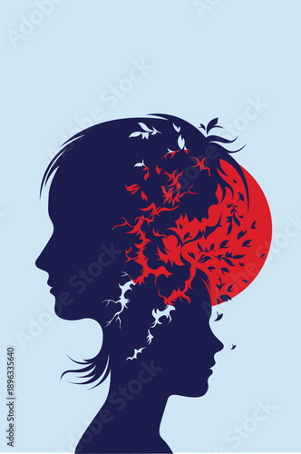 Blue Silhouettes Woman Child Red Leaves Hair Burst Red Sun Light Blue