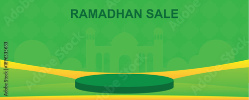 Ramadhan sale podium background with Islamic mosque silhouettes, green color theme, and clean minimalist composition for promotion, banner, and marketing design.