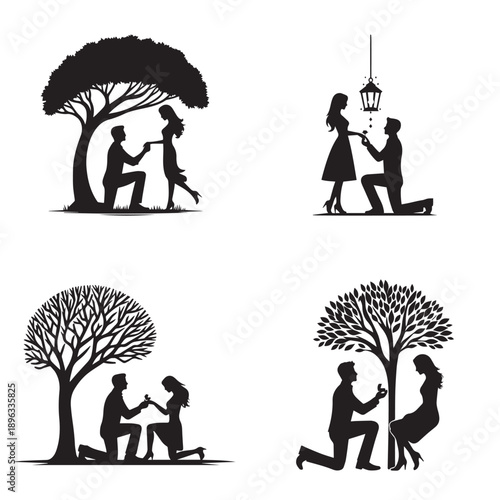 Romantic marriage proposal silhouettes: four distinct scenes of love and commitment