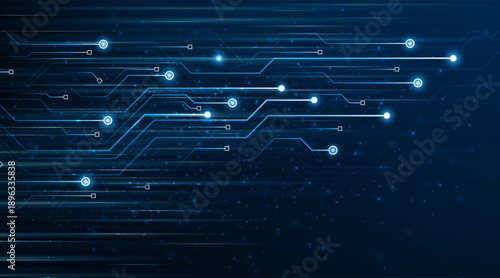 Blue glowing lines with light effect on dark background. High speed internet technology concept or fast wireless data transmission.