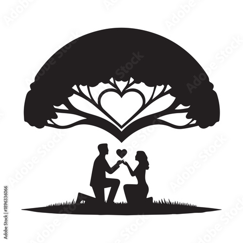 A loving couple's silhouette under a tree with a heart at its core symbolizing eternal bond
