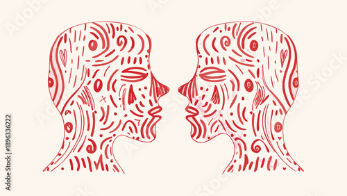 Vector illustration of two human heads with red swirling patterns, communication or conversation concept, for website, banner or presentation, isolated on transparent background, png