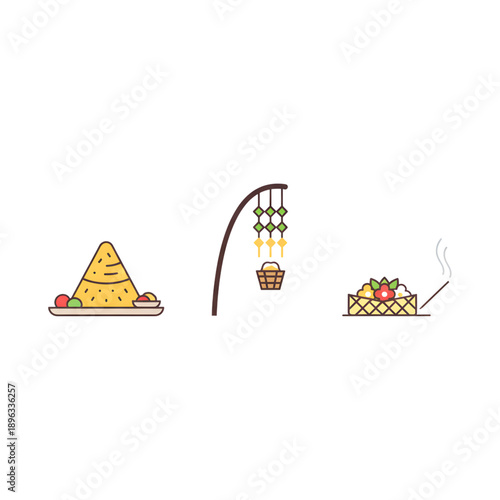 indonesian traditional food and offerings set with nasi tumpeng ketupat and canang sari flat vector illustration isolated on transparent background