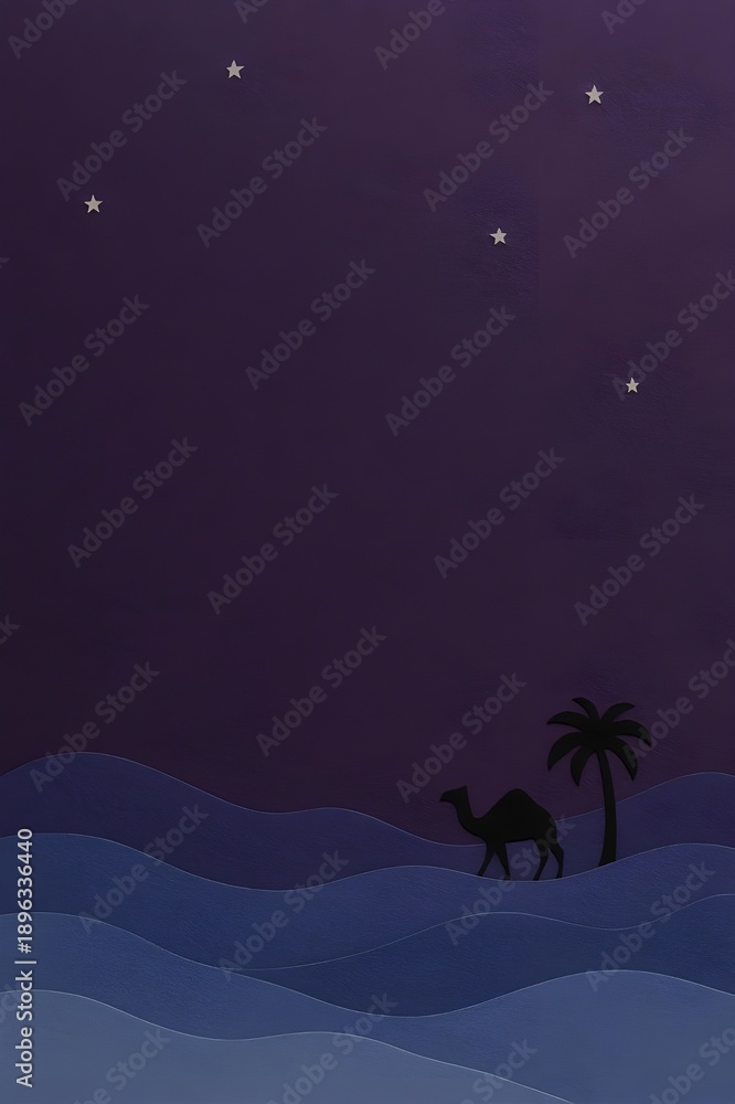 Fototapeta premium 3D Papercut Night Desert Background with Camel and Palm Tree