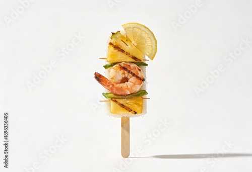 Grilled shrimp and pineapple skewer showcasing culinary artistry with fresh lemon slices highlighting vibrant flavors and summer dining experiences