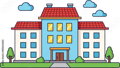 Modern flat design residential building illustration with colorful cartoon style urban house, clean vector architecture exterior icon
