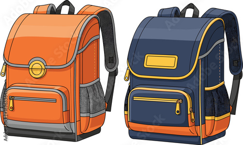 Modern school backpack illustration set featuring colorful student bags with multiple pockets, zippers, and ergonomic design for education and travel