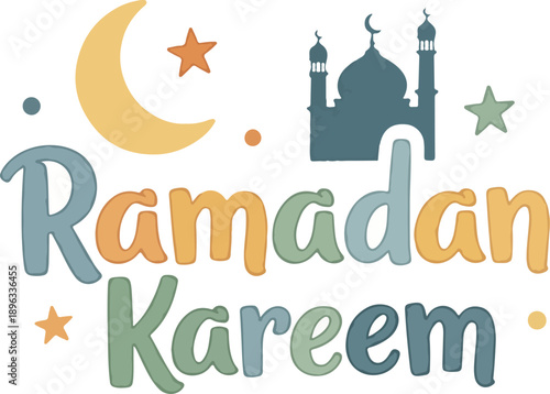 Ramadan Kareem Greeting Typography with Mosque Silhouette, Crescent Moon and Stars in Soft Pastel Colors Vector Illustration