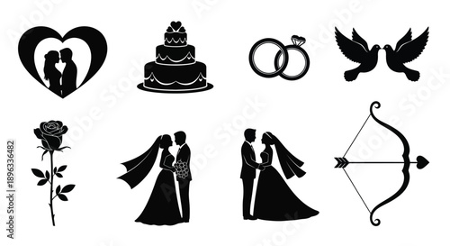 Collection of black silhouette wedding icons on white background