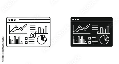 Flat design web browser interface with growth chart and financial icons on dark and light backgrounds vector illustration
