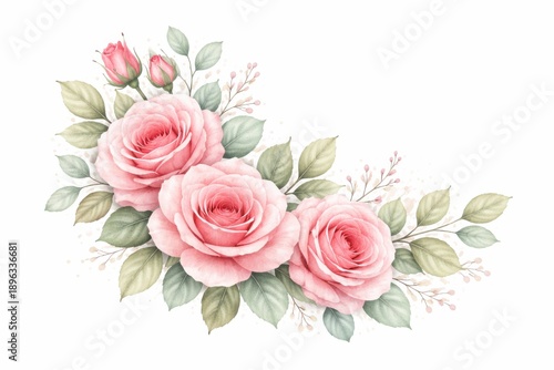 Soft pink roses and buds with green leaves, romantic floral corner accent