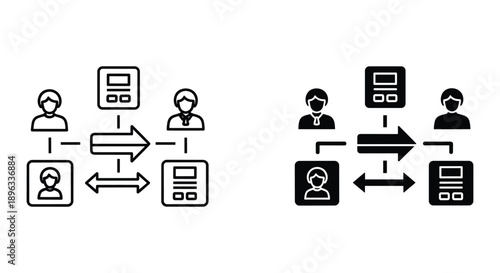 Business team collaboration data transfer process flowchart with digital devices and cloud sync technology vector illustration