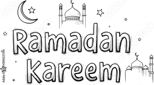 Ramadan Kareem Coloring Page for Kids with Mosque and Moon Line Art Illustration