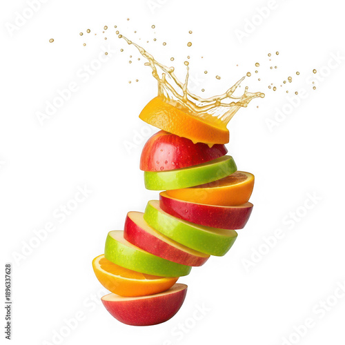 Fresh fruit slices spiral with juice splash on transparent background