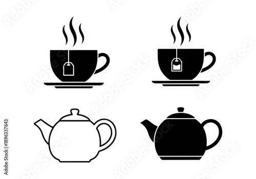 Hot Beverage Icons Tea Cup, Tea Bag, and Teapot Set